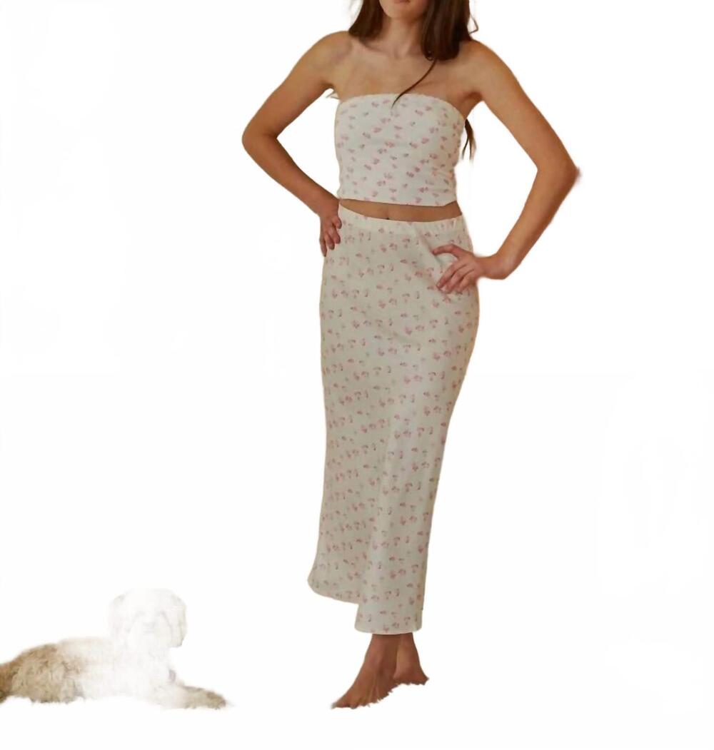 NEW THEME joey ditsy satin maxi skirt in white with pastel pink floral